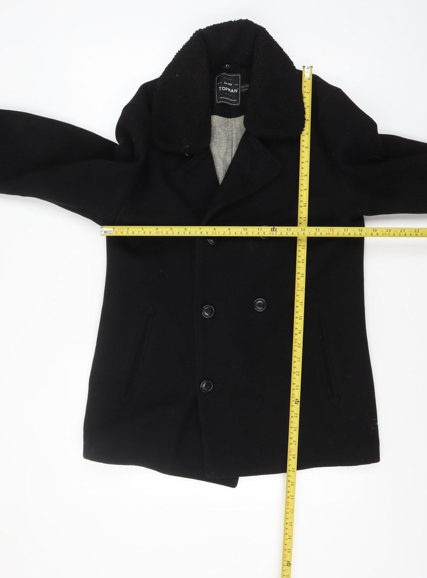 Topman Men's Black Wool Pea Coat M Classic Winter Jacket