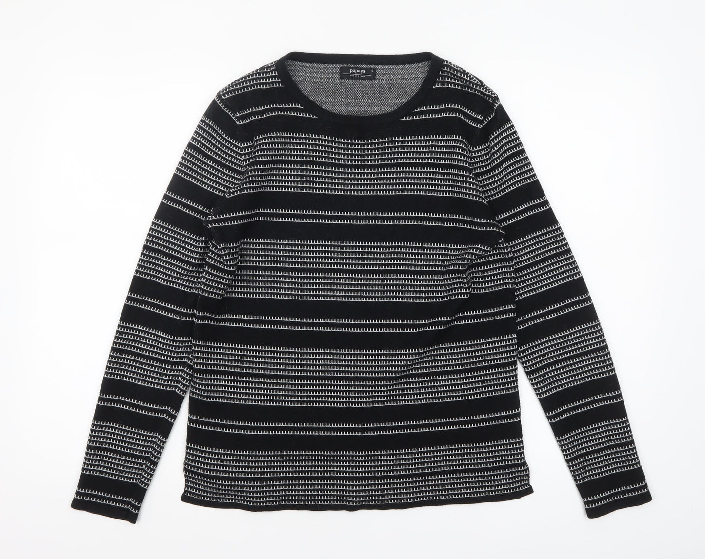 Papaya Women’s Black Striped Knit Jumper Size 12 Long Sleeve Pullover