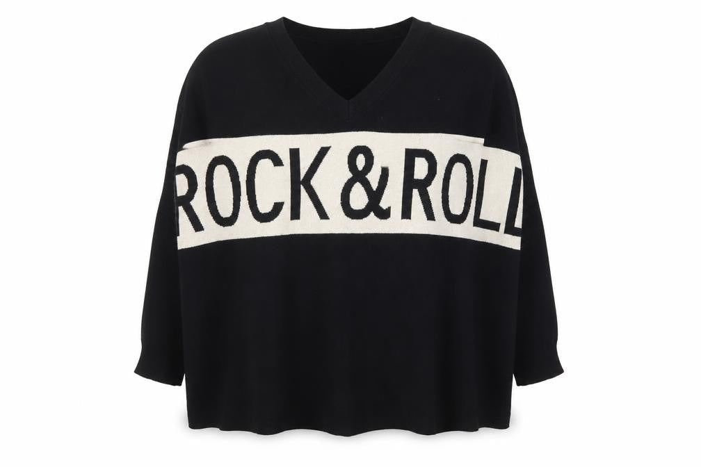 QED London Womens Black Rock & Roll V-Neck Pullover Jumper M/L