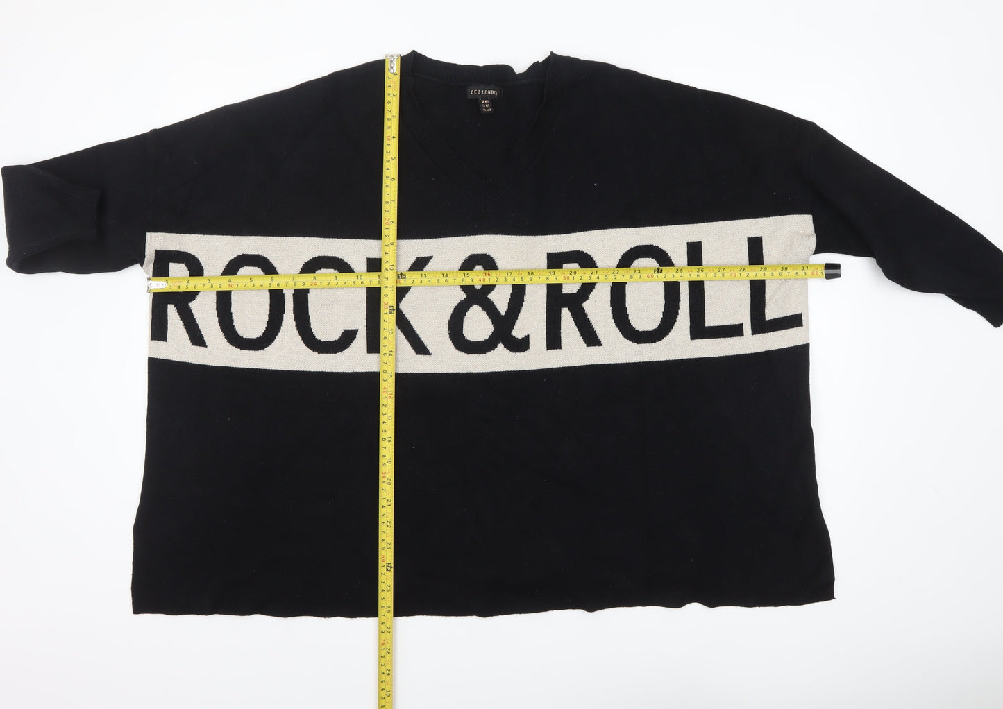 QED London Womens Black Rock & Roll V-Neck Pullover Jumper M/L