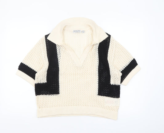 Brave Soul Women’s Beige Collared Open-Knit Short Sleeve Jumper M