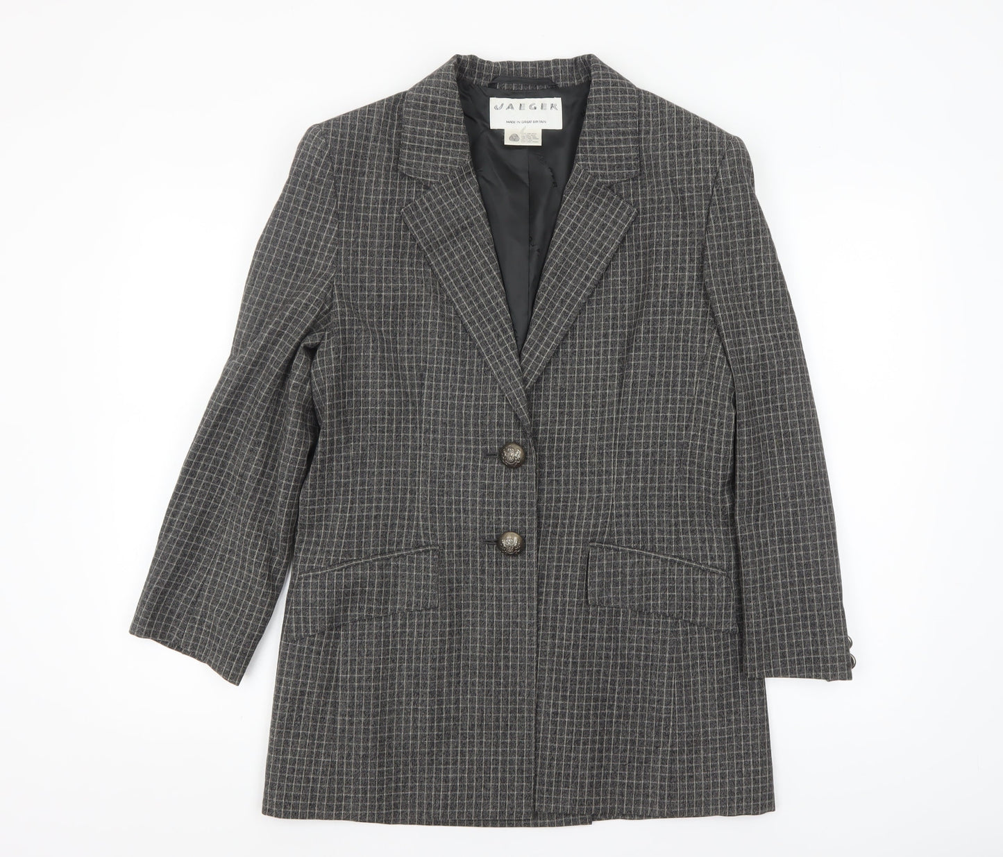 Jaeger Women's Grey Wool Checked Single-Breasted Blazer UK 8