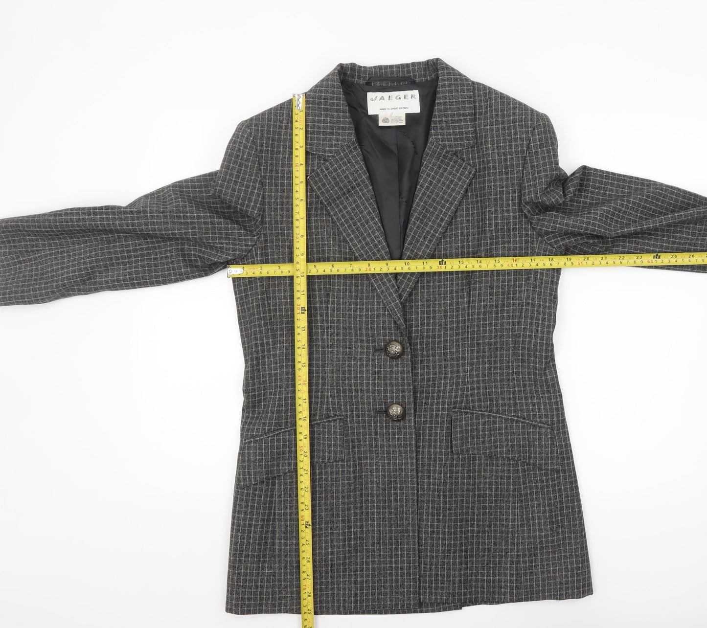 Jaeger Women's Grey Wool Checked Single-Breasted Blazer UK 8