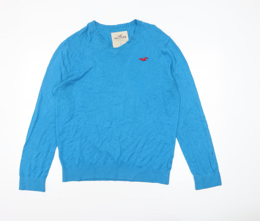 Hollister Men Blue L V-Neck Pullover Jumper Cotton Blend