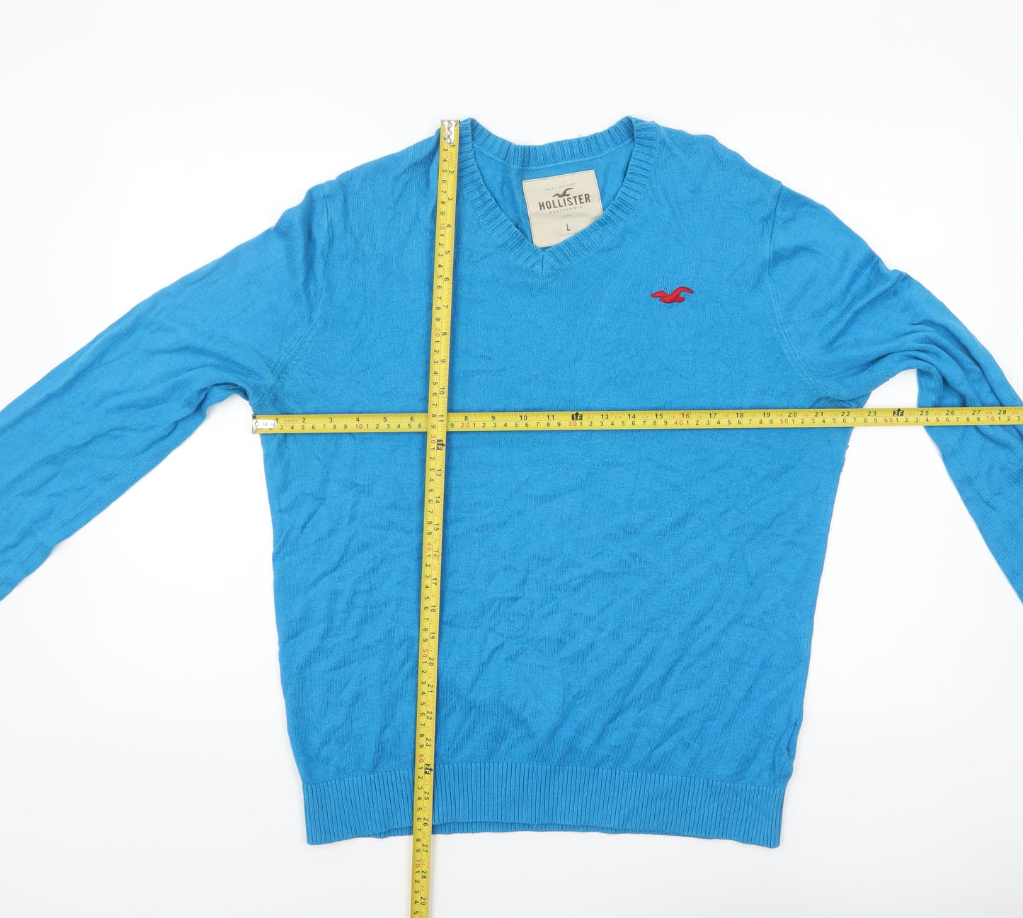 Hollister Men Blue L V-Neck Pullover Jumper Cotton Blend