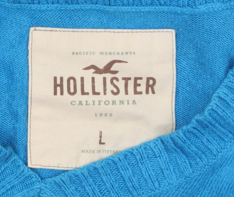Hollister Men Blue L V-Neck Pullover Jumper Cotton Blend