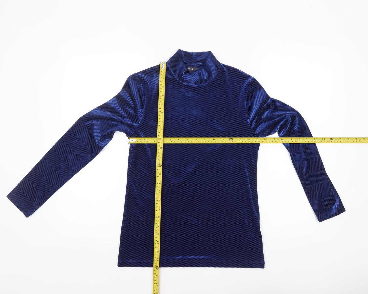 Marks and Spencer Women Blue Mock Neck Long Sleeve Velvet Top Size 8
