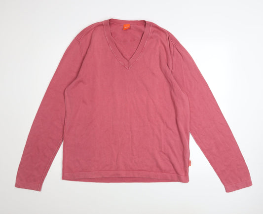 Hugo Boss Men's Pink Cotton V-Neck Jumper XL