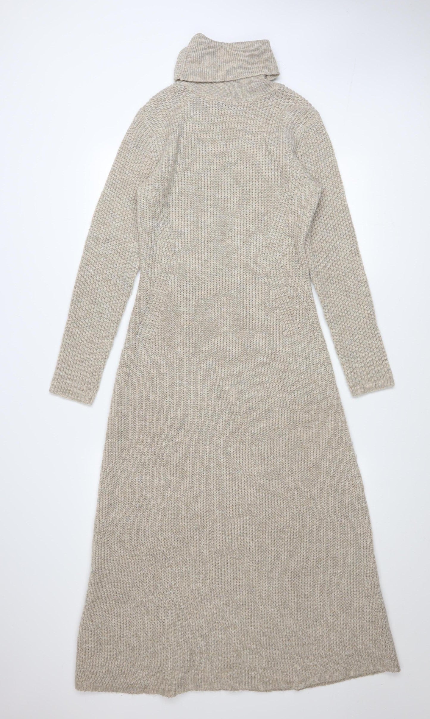 MNG Women Beige Knit Roll Neck Long Sleeve Midi Jumper Dress M