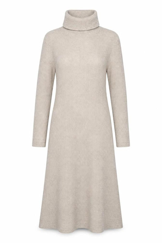 Mango Women Beige Knit Roll Neck Long Sleeve Midi Jumper Dress M