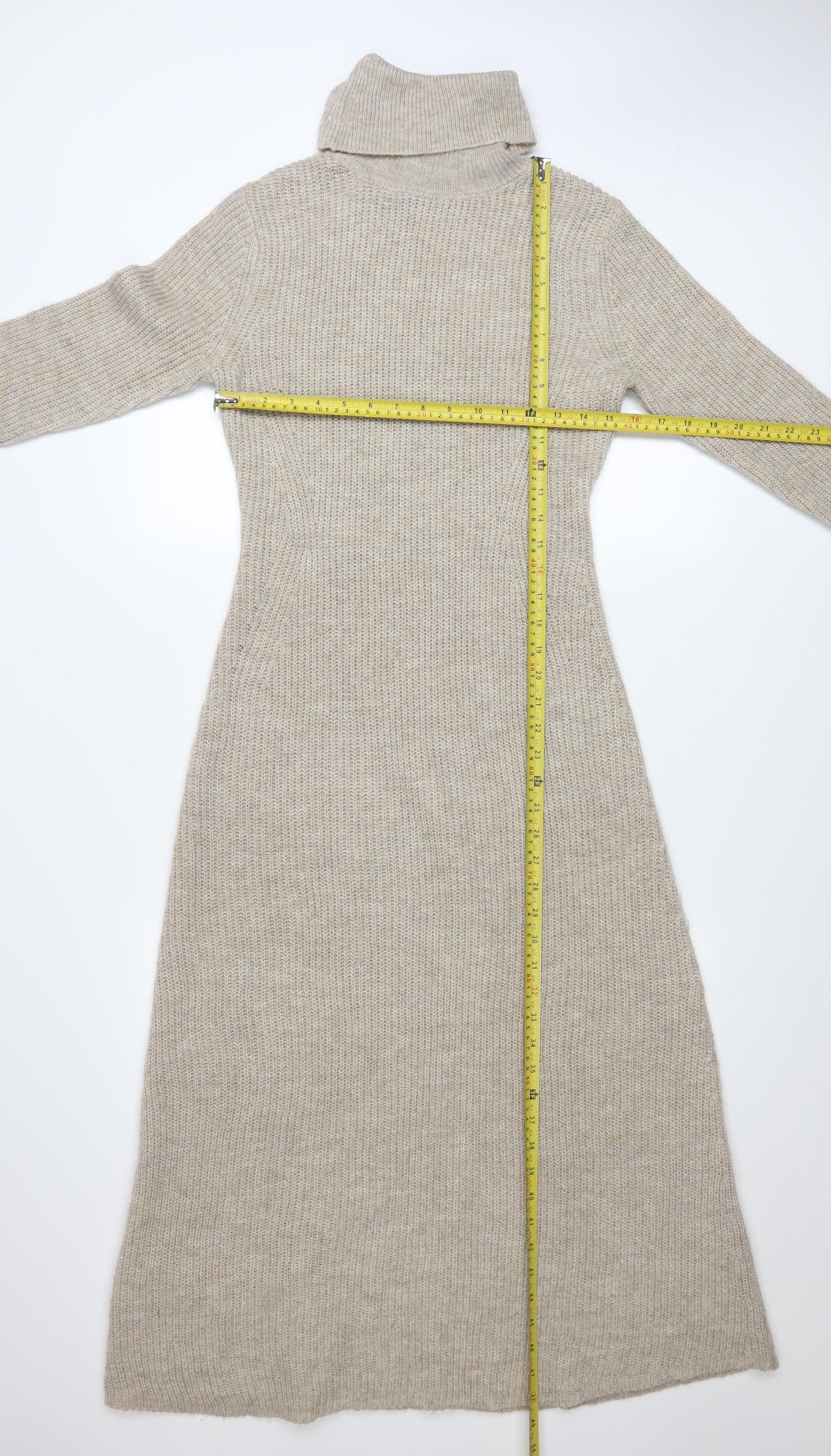 MNG Women Beige Knit Roll Neck Long Sleeve Midi Jumper Dress M