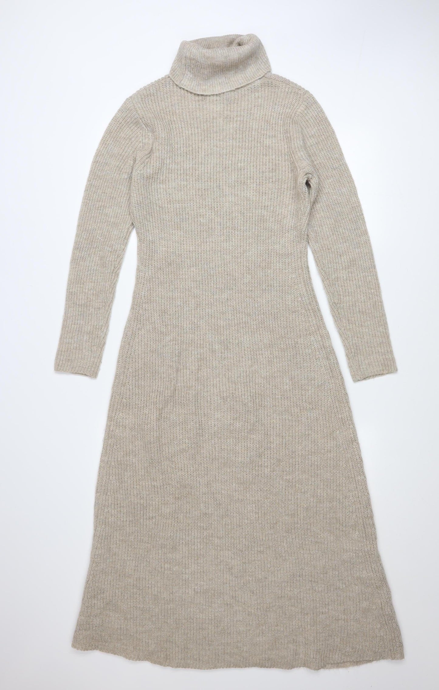 MNG Women Beige Knit Roll Neck Long Sleeve Midi Jumper Dress M