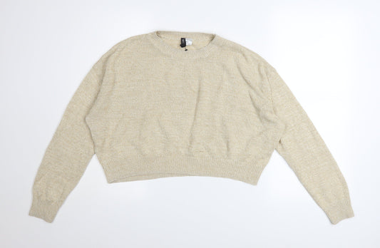 H&M Women Beige Acrylic Crew Neck Pullover Jumper Size M