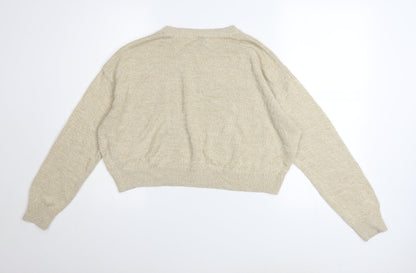 H&M Women Beige Acrylic Crew Neck Pullover Jumper Size M