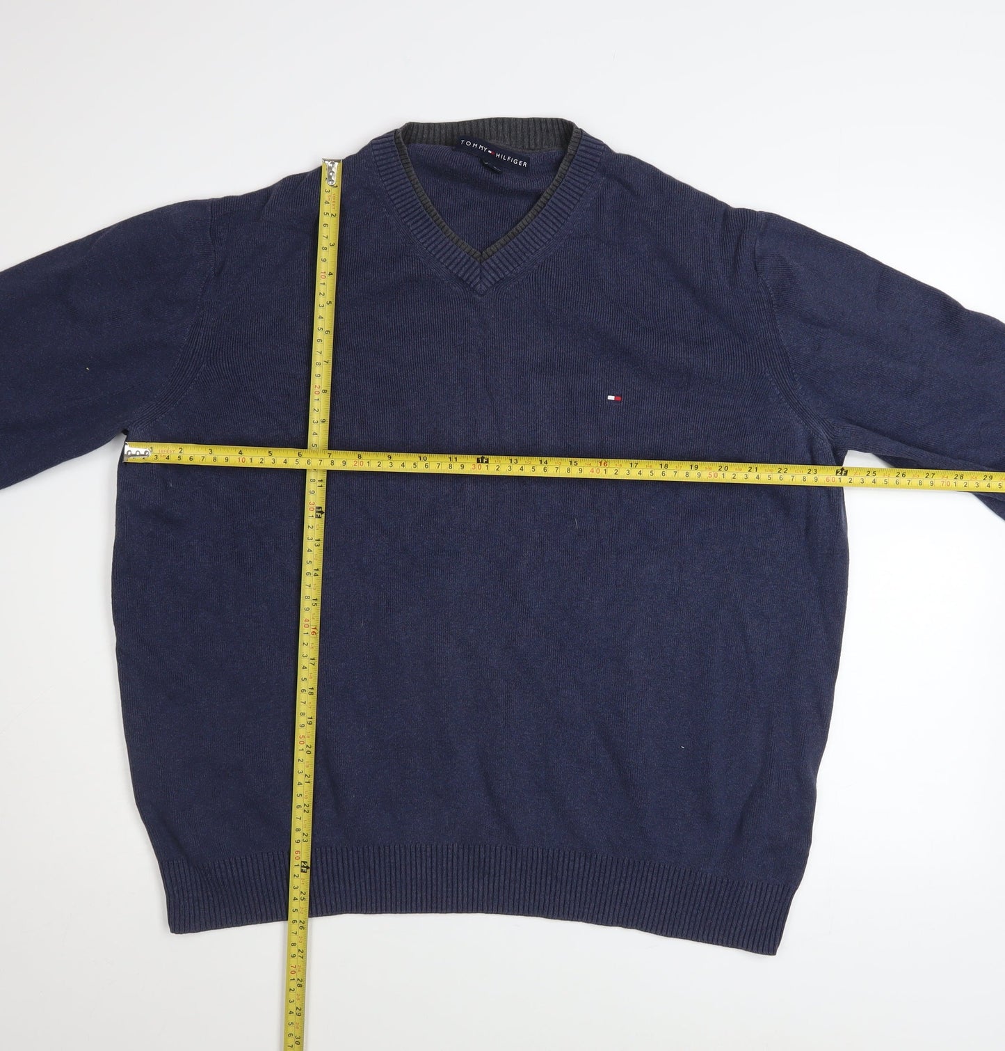 Tommy Hilfiger Men's Blue V-Neck Cotton Jumper XL Pullover