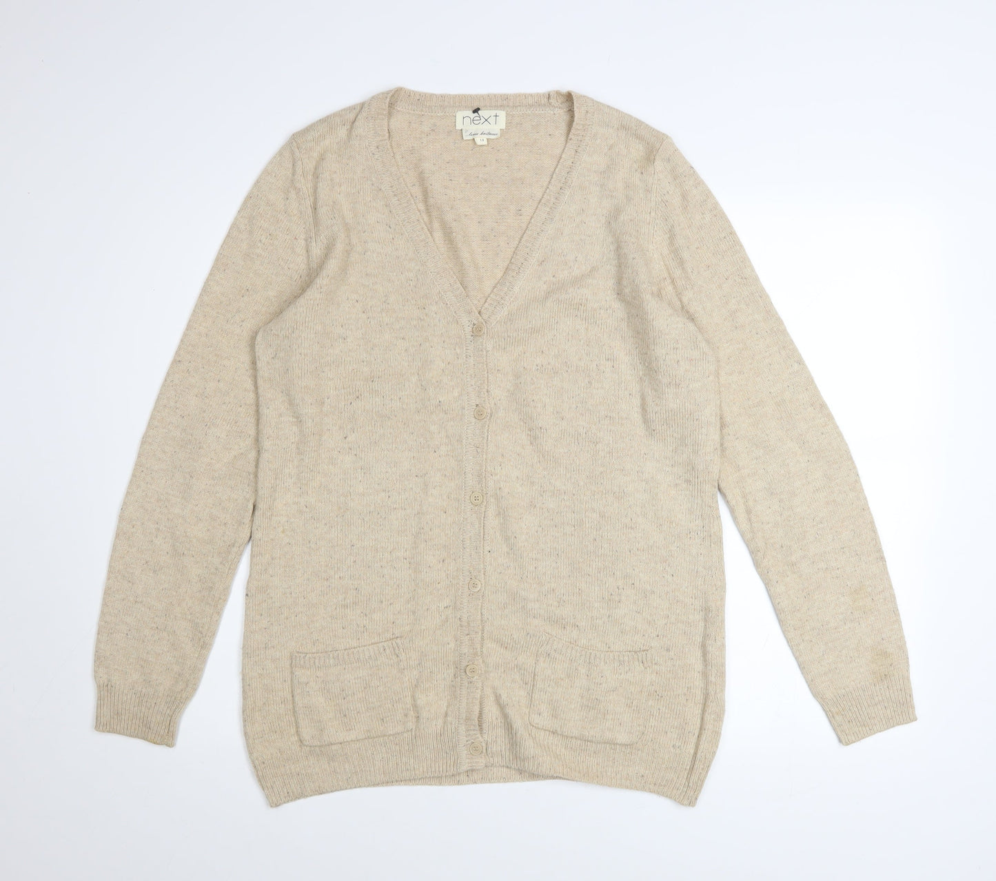 Next Women Beige Cardigan Size 14 V-Neck Knit Faux Leather Elbow Patch