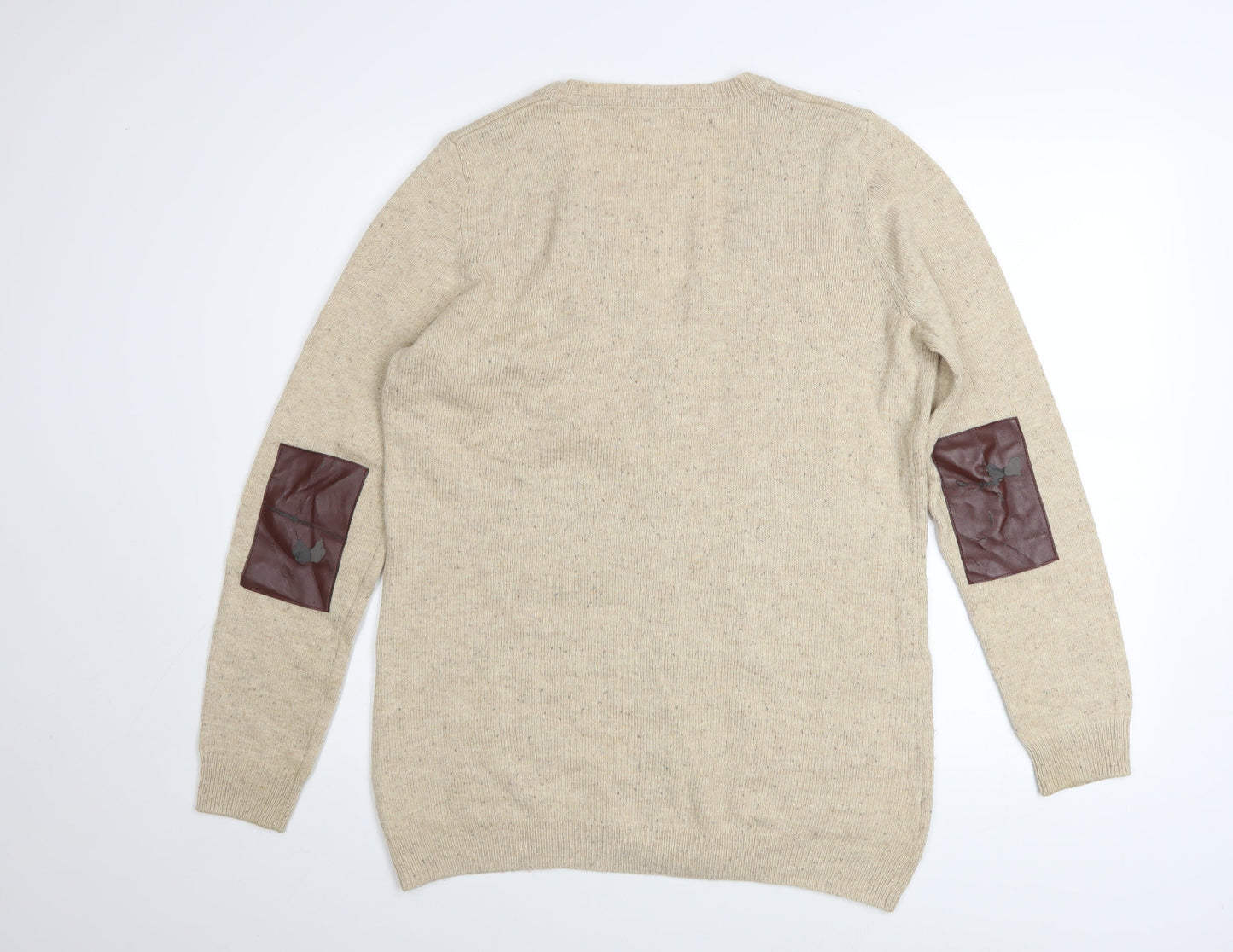 Next Women Beige Cardigan Size 14 V-Neck Knit Faux Leather Elbow Patch