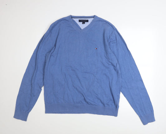 Tommy Hilfiger Men's Blue V-Neck Cotton Pullover Jumper Size L
