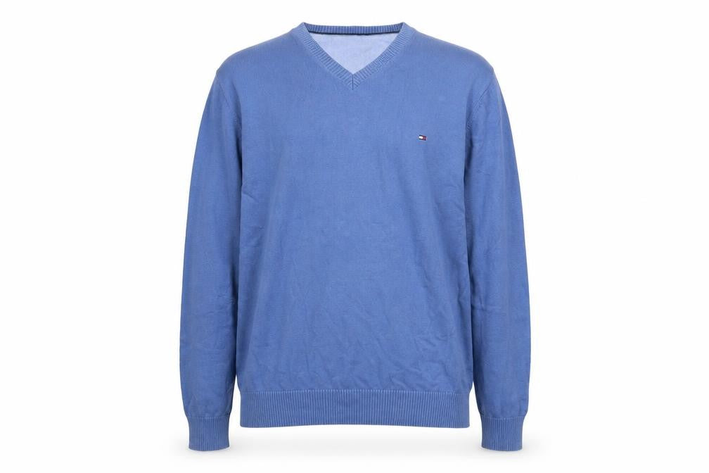 Tommy Hilfiger Men's Blue V-Neck Cotton Pullover Jumper Size L