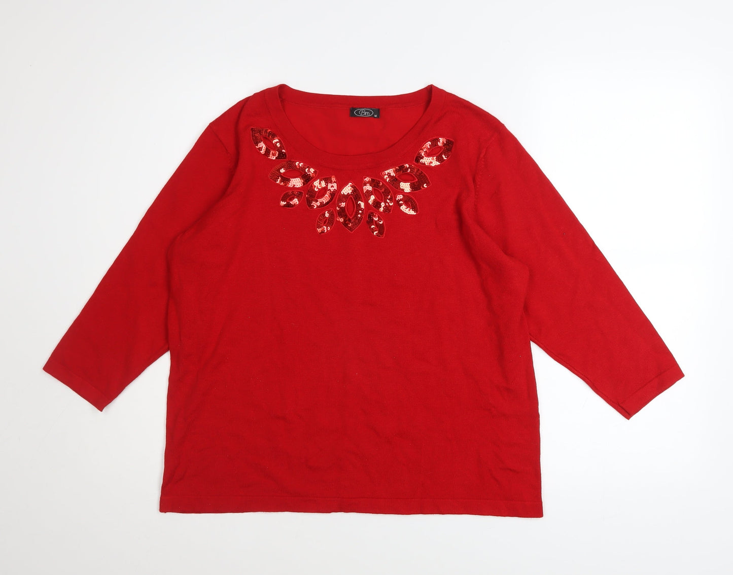 Bm Women's Red Sequin Neck Knit Jumper Medium 3/4 Sleeve Pullover