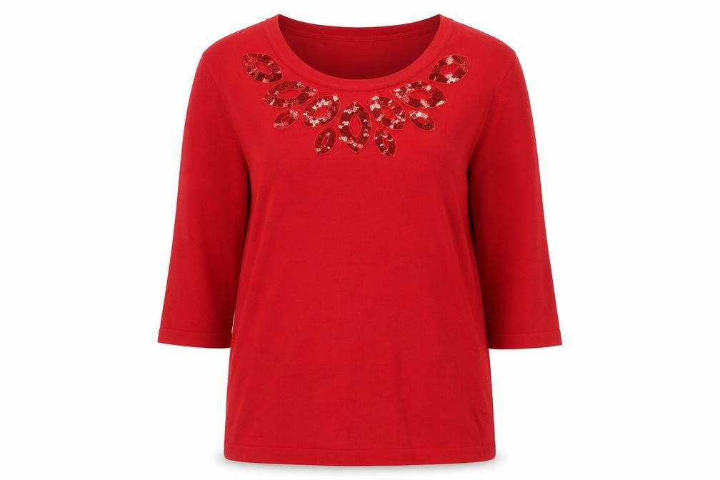 Bonmarché Women's Red Sequin Neck Knit Jumper Medium 3/4 Sleeve Pullover