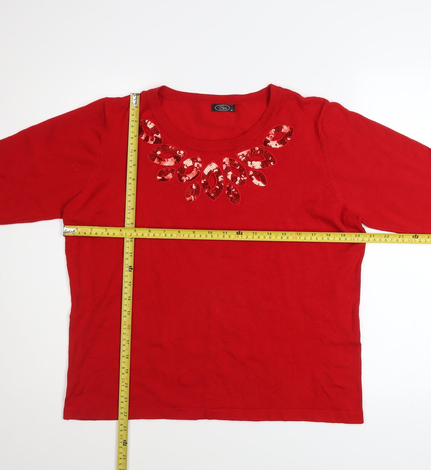 Bm Women's Red Sequin Neck Knit Jumper Medium 3/4 Sleeve Pullover