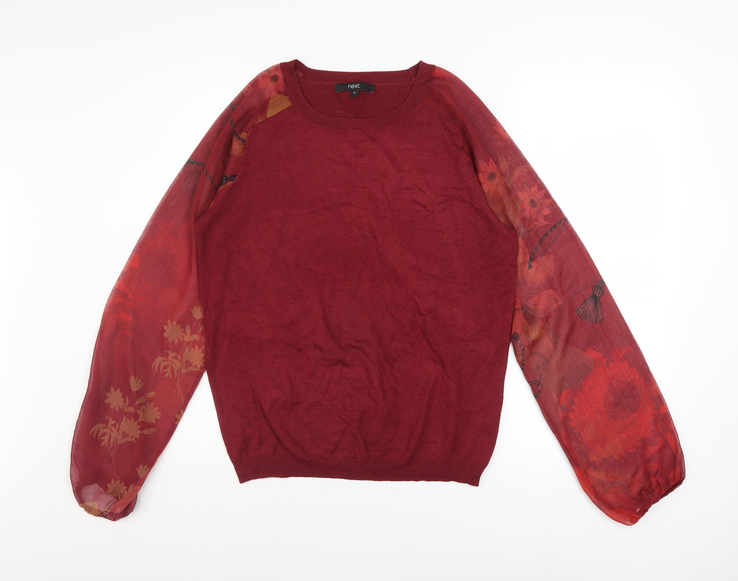 Next Women Red Floral Sheer Sleeve Crew Neck Pullover Jumper Size 12