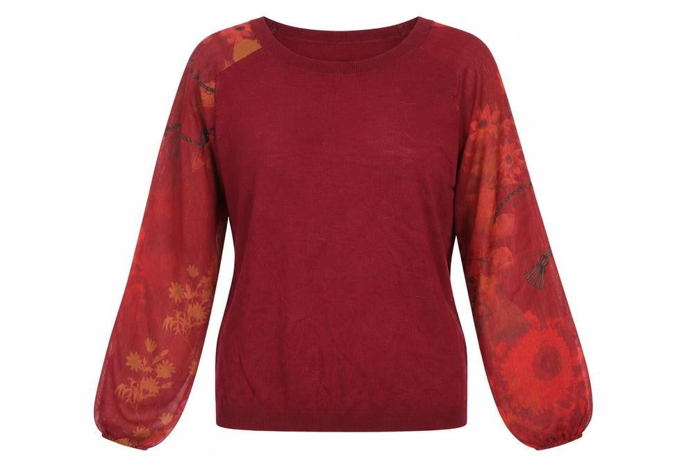 Next Women Red Floral Sheer Sleeve Crew Neck Pullover Jumper Size 12
