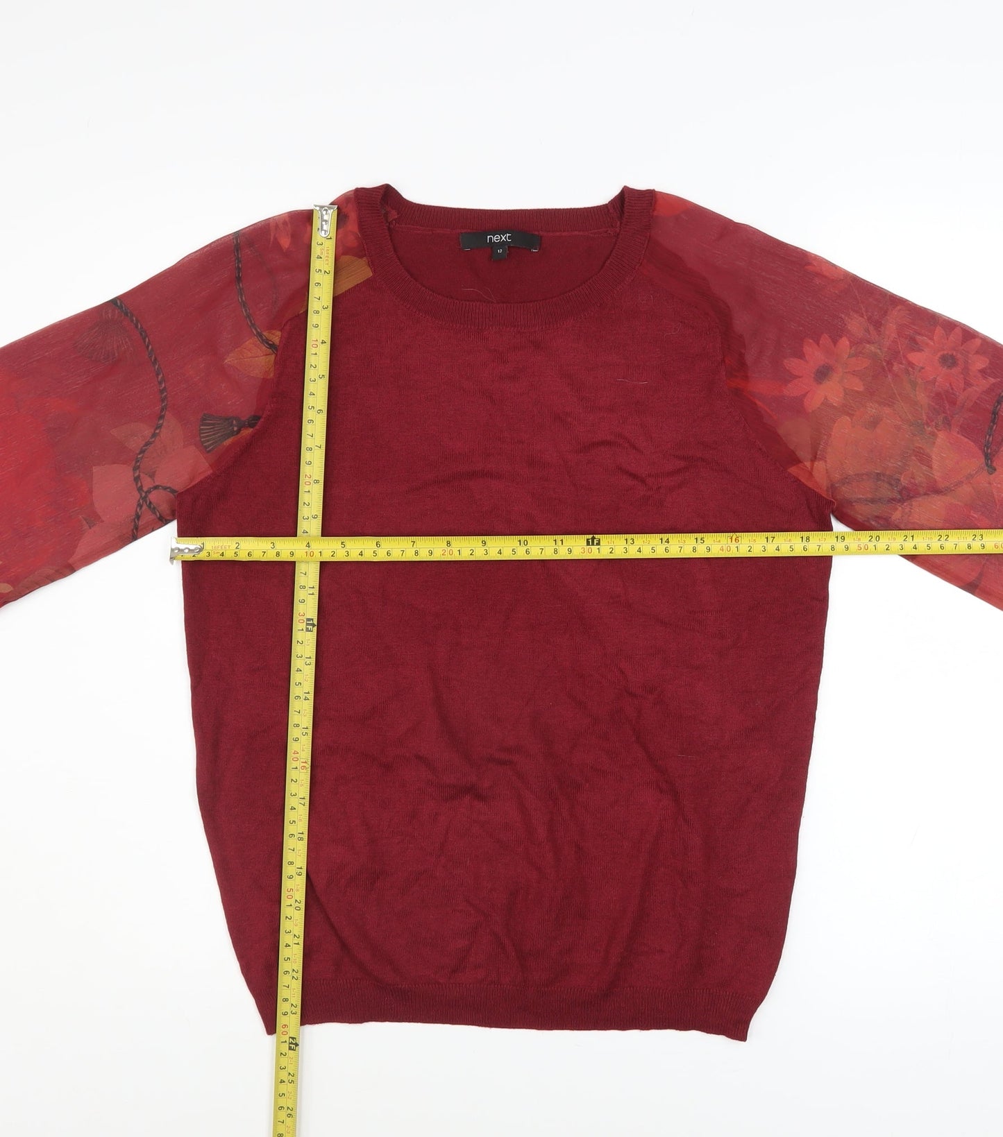 Next Women Red Floral Sheer Sleeve Crew Neck Pullover Jumper Size 12