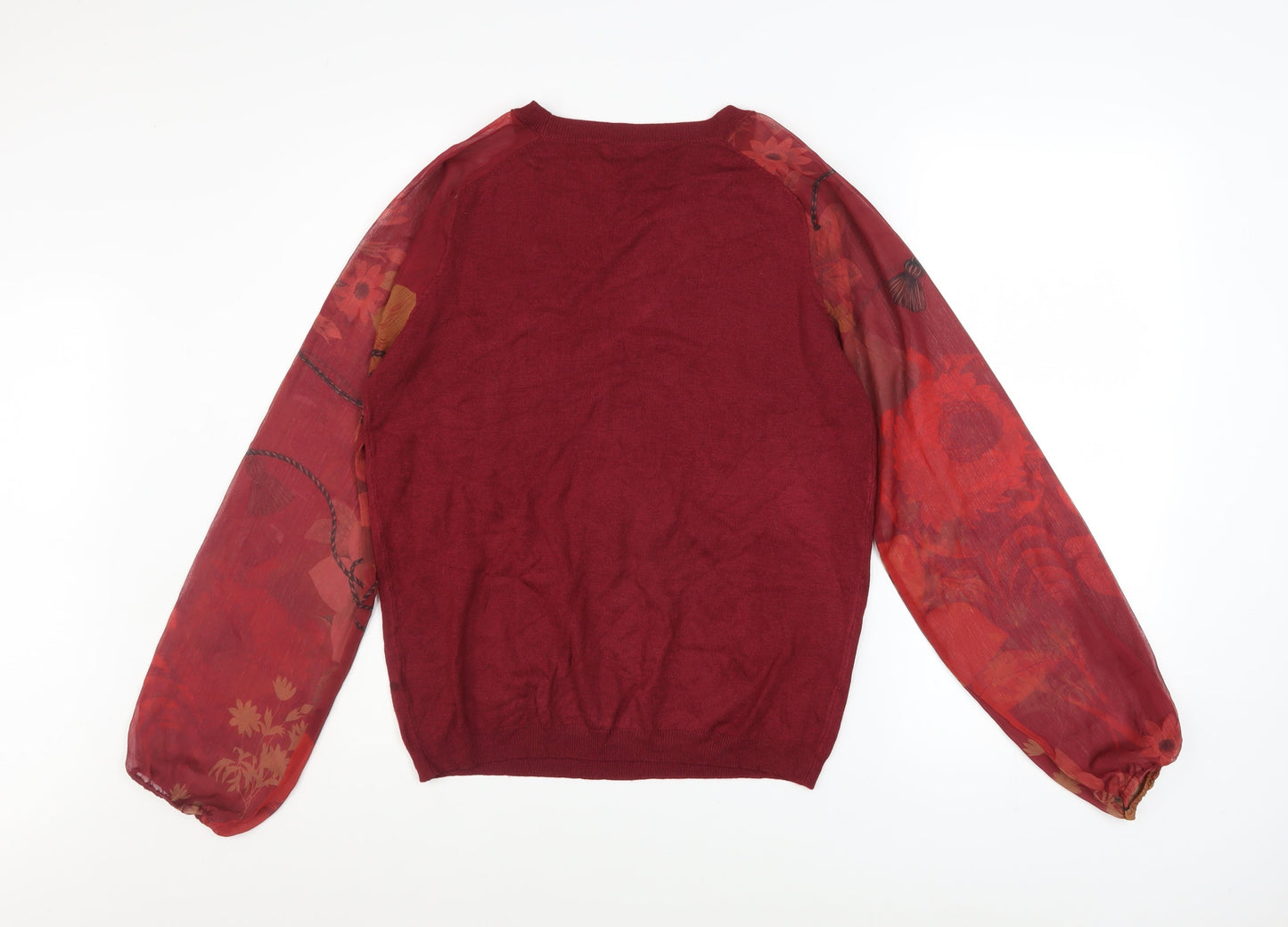 Next Women Red Floral Sheer Sleeve Crew Neck Pullover Jumper Size 12