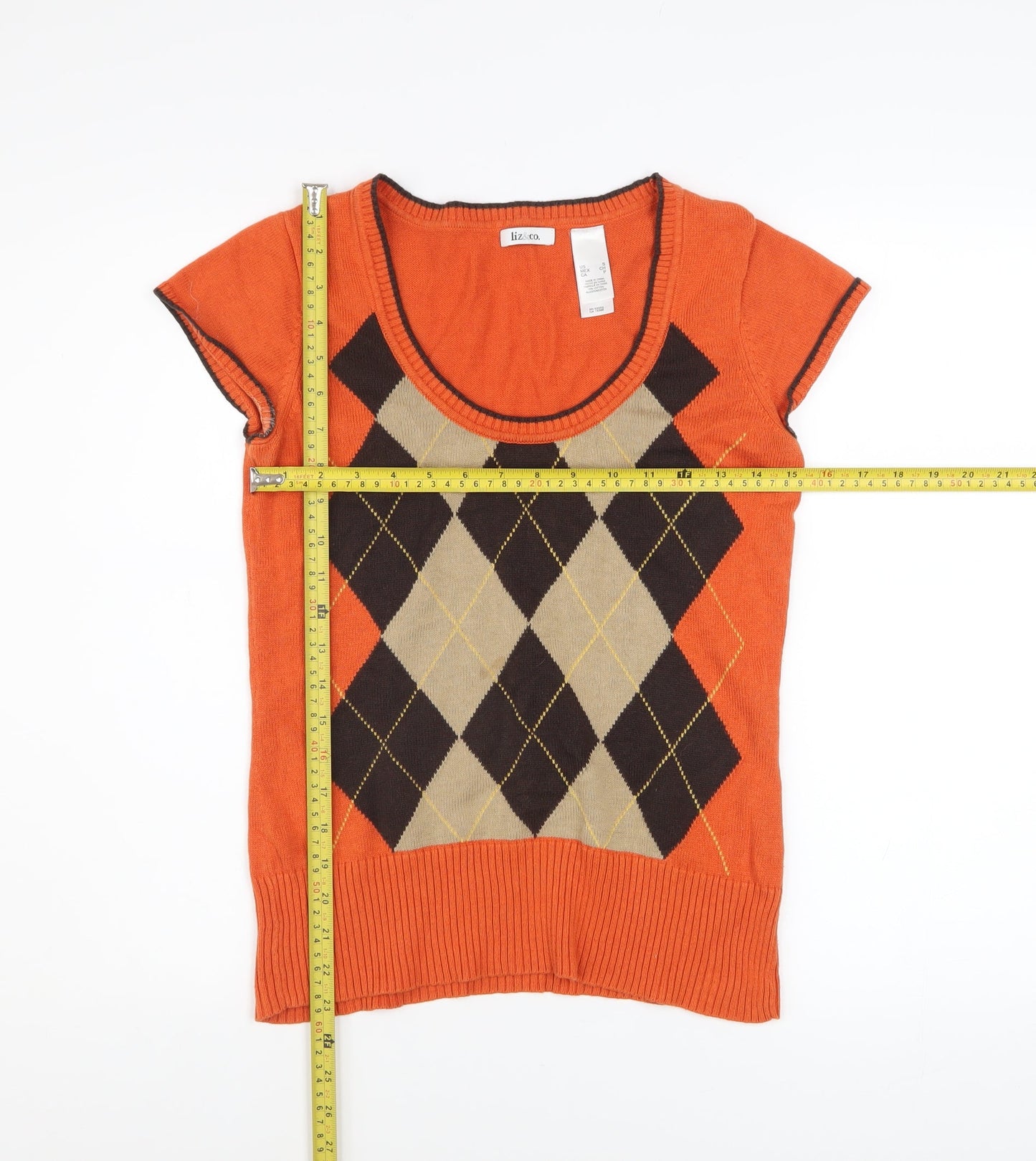 Liz & Co Women’s Orange Argyle Short Sleeve Knit Top Size S