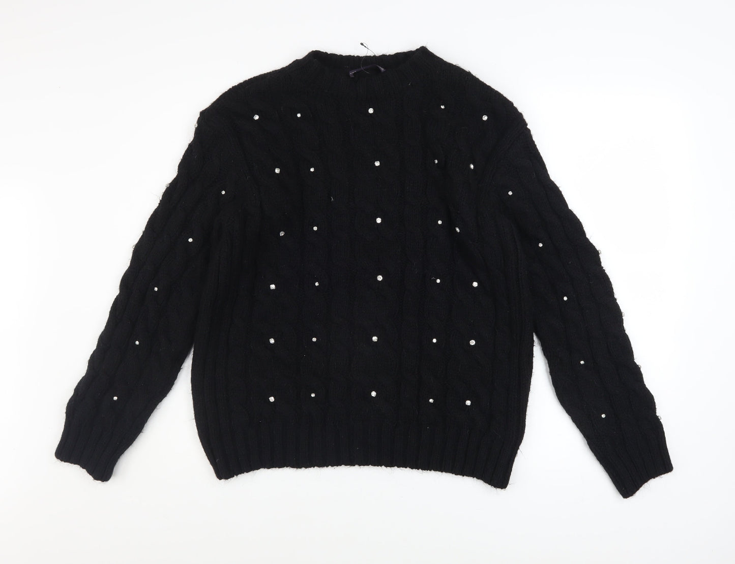 Marks and Spencer Womens Black Beaded Cable-Knit Jumper Medium