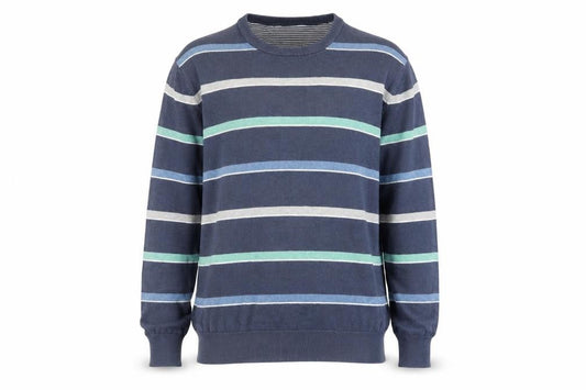Front view of Atlantic Bay Men's Blue Striped Cotton Crew Neck Jumper, size L
