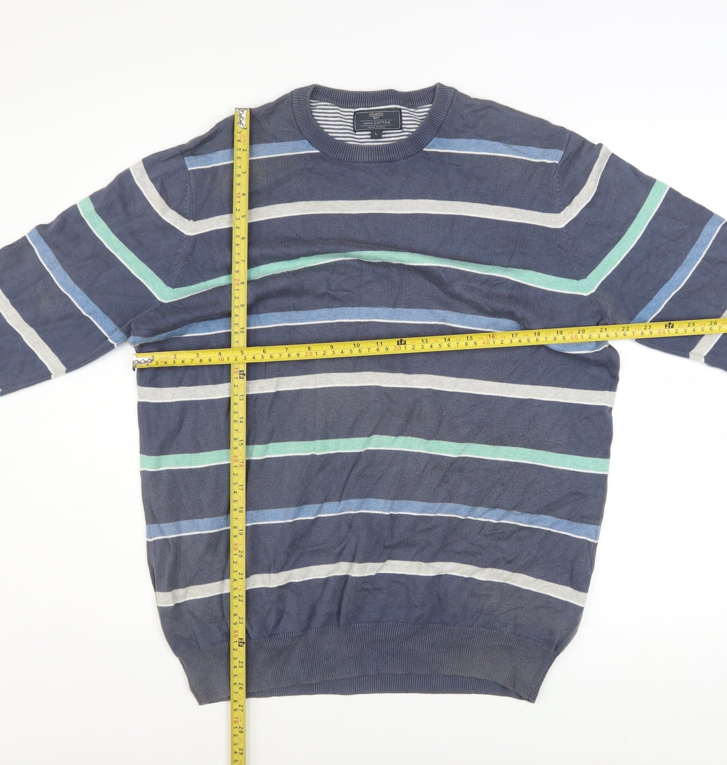 Atlantic Bay Men's Blue Striped Cotton Crew Neck Jumper Size L