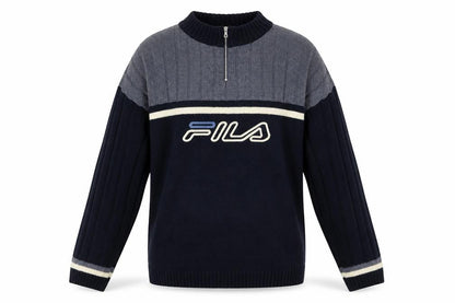 Front view of Fila men’s blue high neck half zip knit jumper, size L