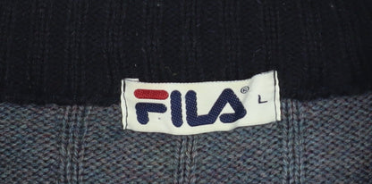 Brand and care label for Fila men’s blue high neck half zip knit jumper, size L