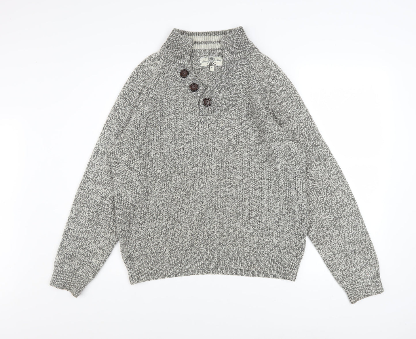 Next Men Grey Henley Jumper M Chunky Knit Wool Blend