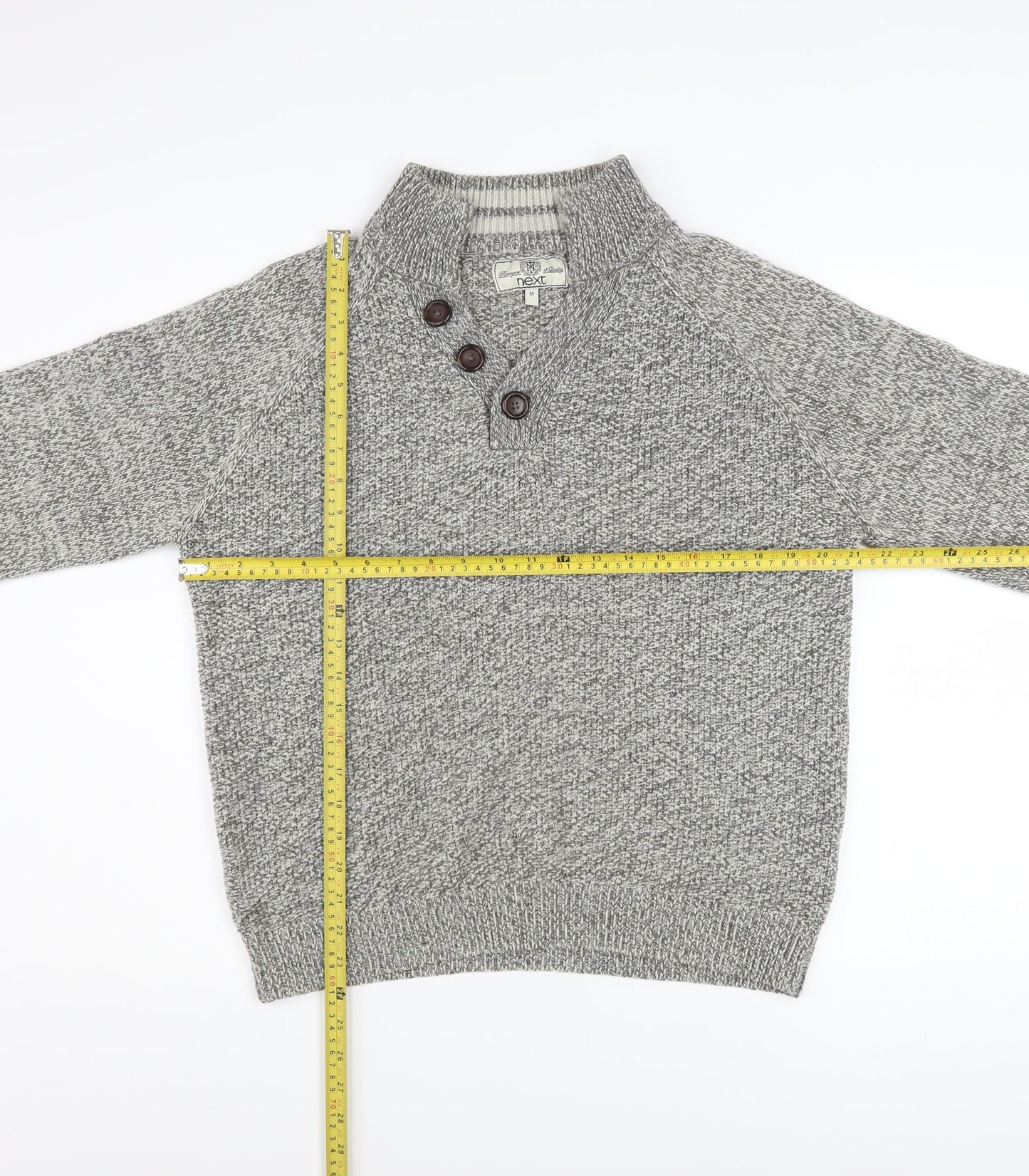 Next Men Grey Henley Jumper M Chunky Knit Wool Blend