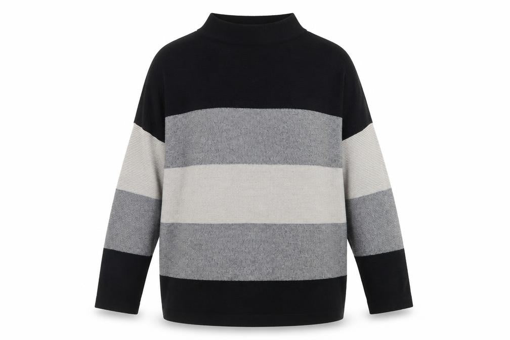Selection Women's Black Grey Stripe Mock Neck XL Pullover Jumper