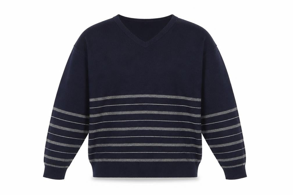 Marks & Spencer Men's Blue Striped Wool Blend V-Neck Jumper M