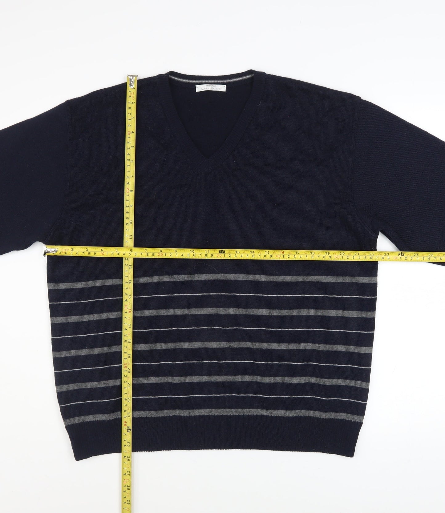 Marks and Spencer Men's Blue Striped Wool Blend V-Neck Jumper M