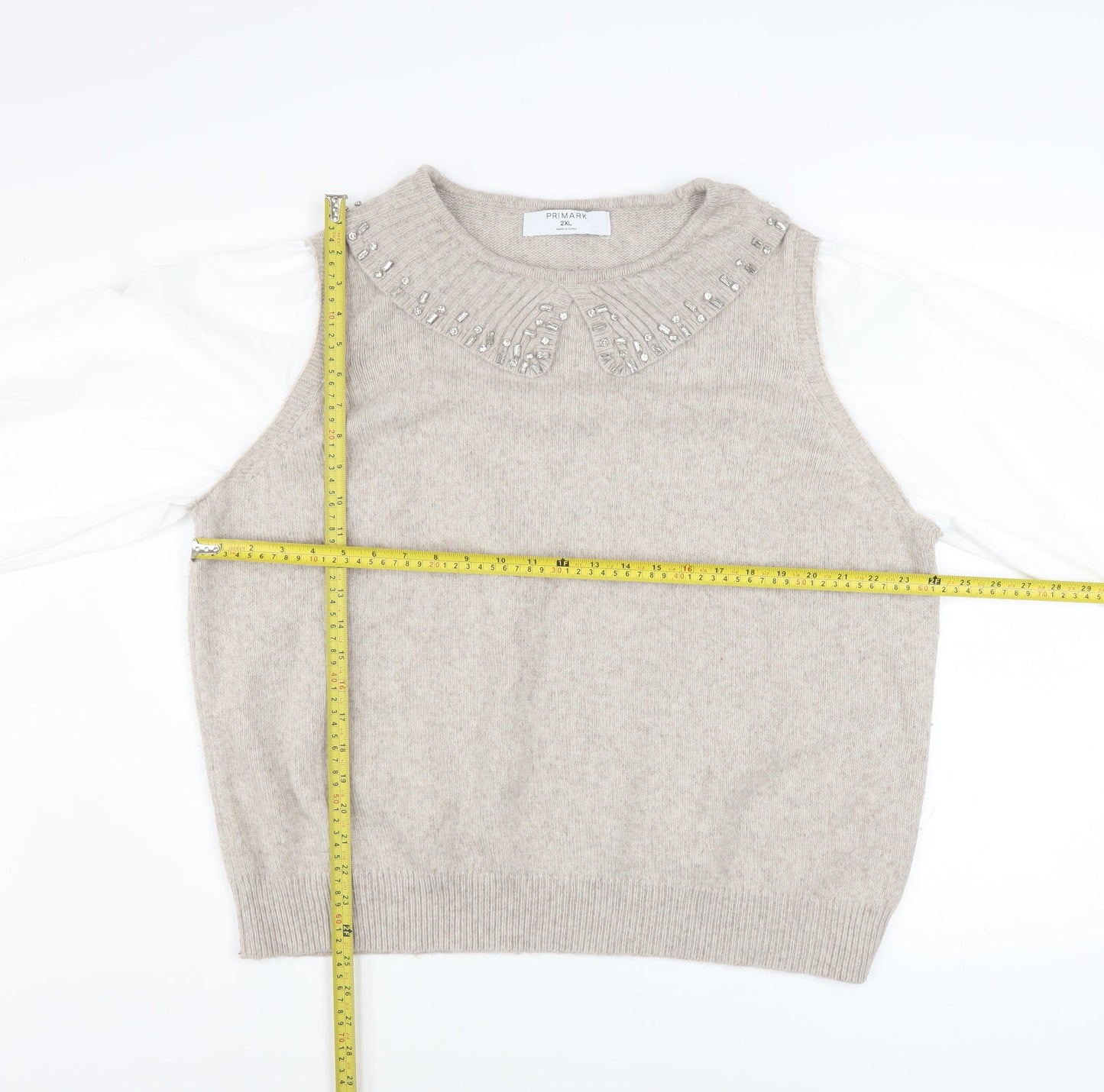 Primark Women Beige Beaded Crew Neck Pullover Jumper 2XL