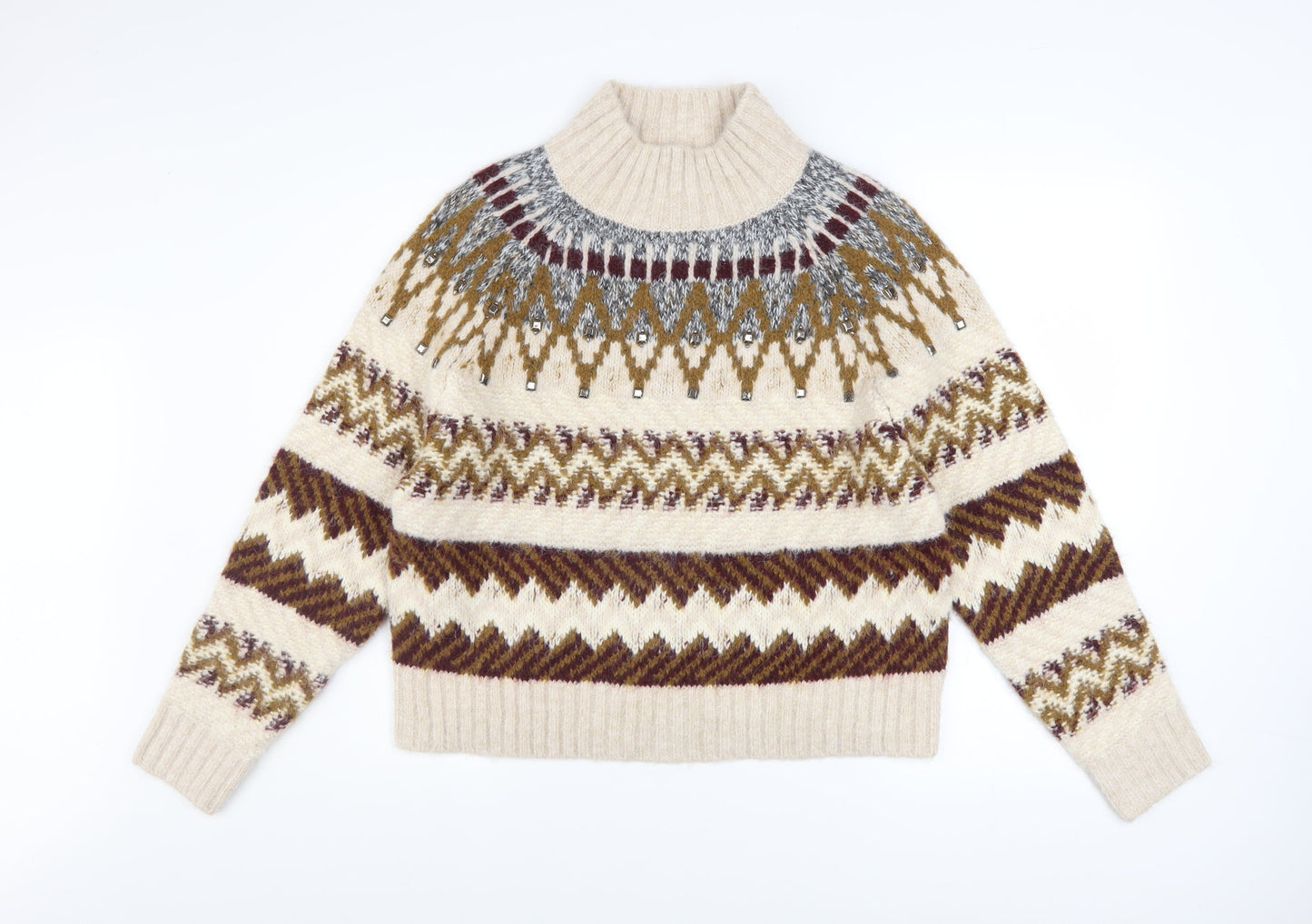 Marks and Spencer Per Una Women’s Beige Fair Isle Wool Blend Mock Neck Jumper S