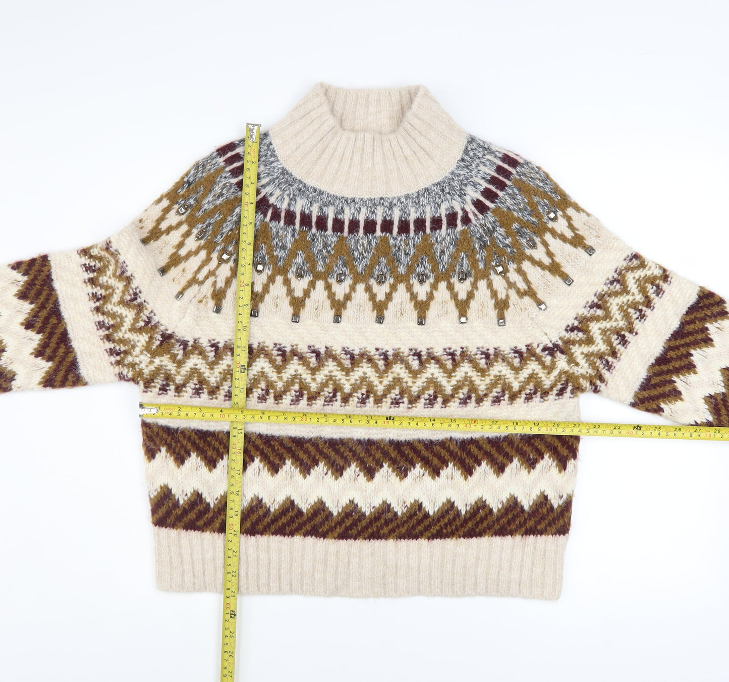 Marks and Spencer Per Una Women’s Beige Fair Isle Wool Blend Mock Neck Jumper S