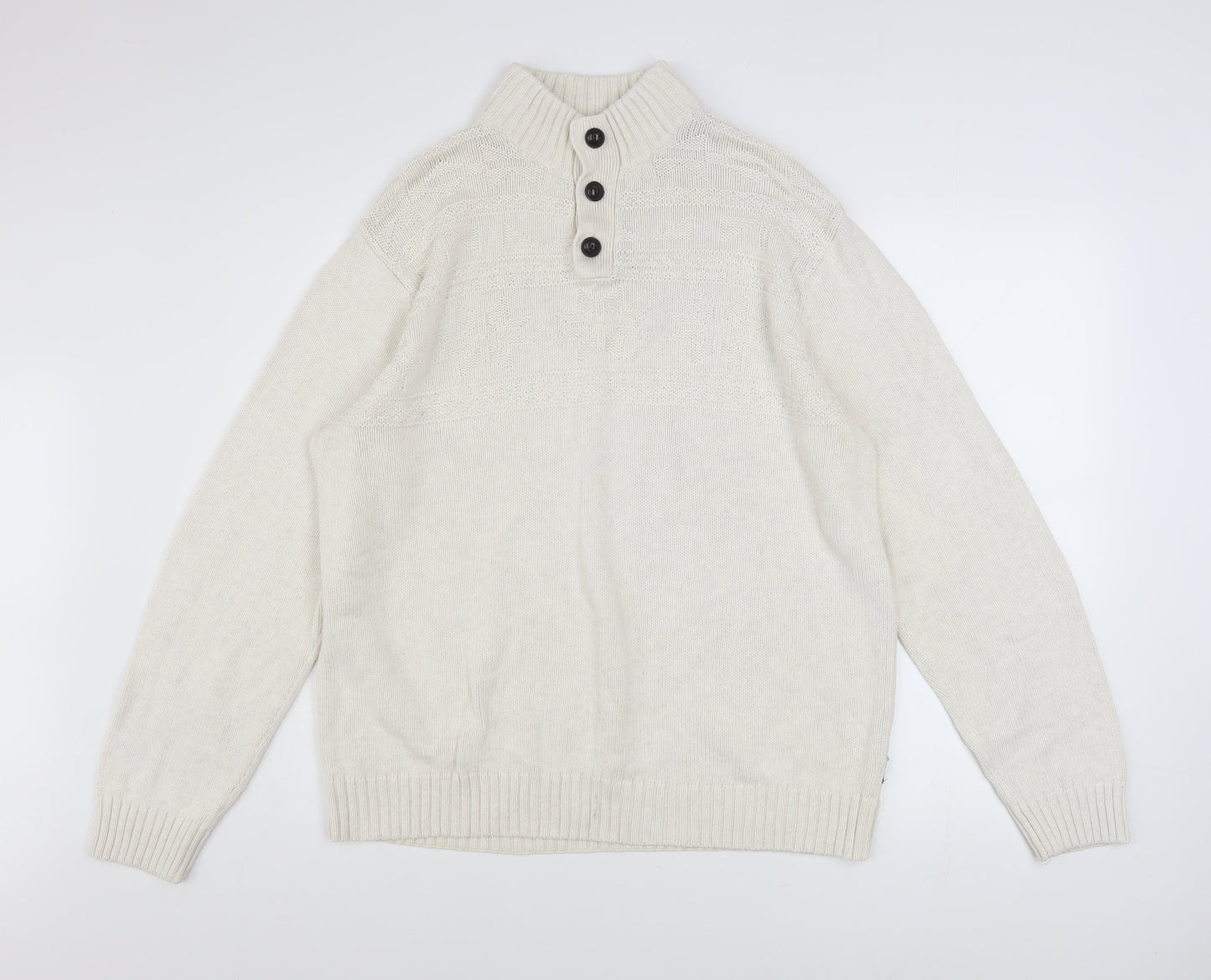 Chaps Men Ivory Cotton Henley Jumper L High Neck Button Knit Top