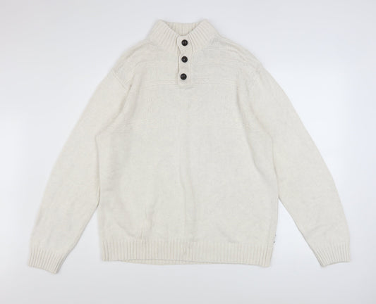 Chaps Men Ivory Cotton Henley Jumper L High Neck Button Knit Top