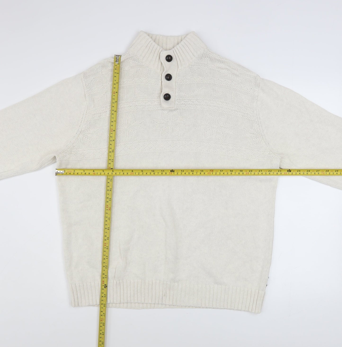 Chaps Men Ivory Cotton Henley Jumper L High Neck Button Knit Top
