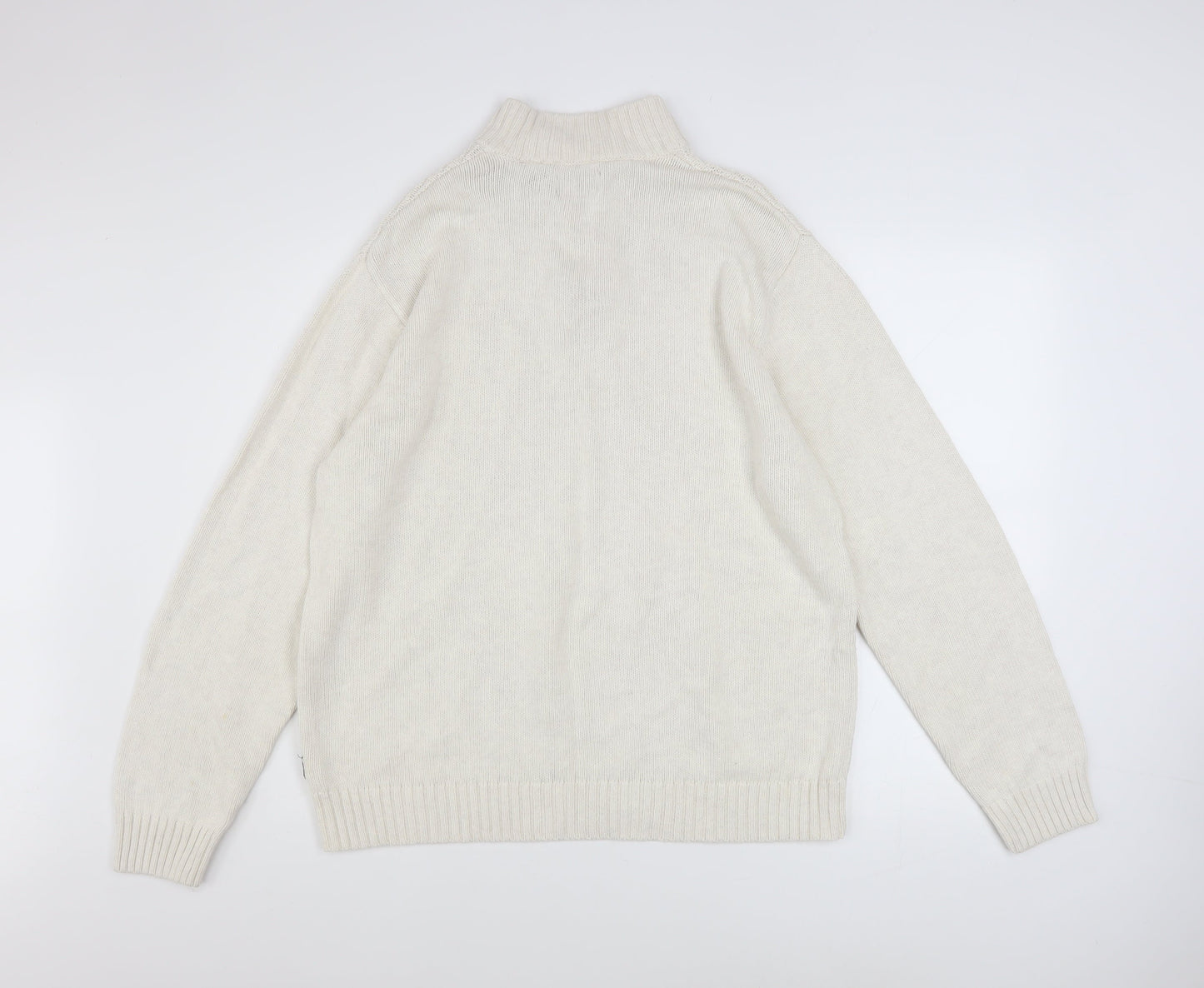 Chaps Men Ivory Cotton Henley Jumper L High Neck Button Knit Top
