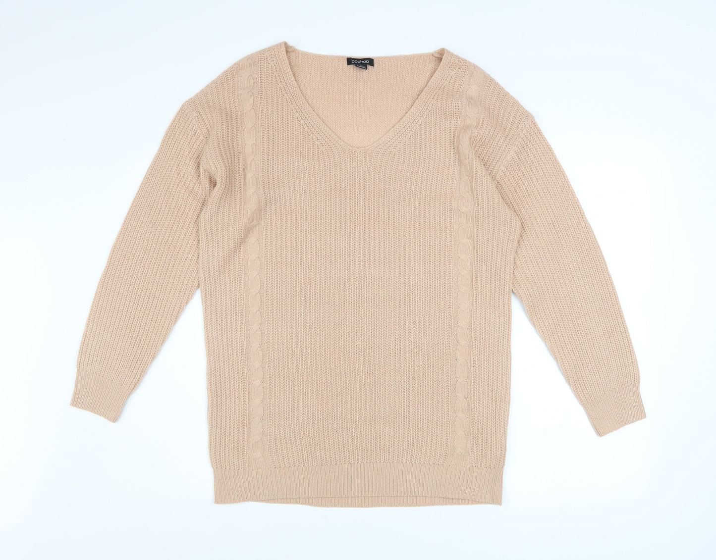 Boohoo Women Beige V-Neck Cable Knit Pullover Jumper Size M