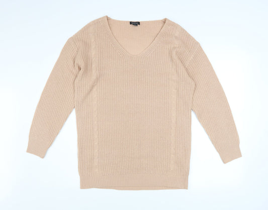 Boohoo Women Beige V-Neck Cable Knit Pullover Jumper Size M